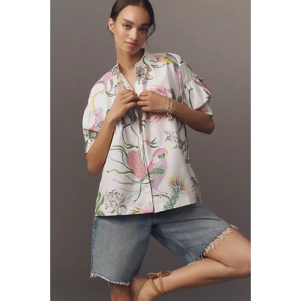 Anthropologie Banjanan Ivy Afterglow Short Sleeve Blouse Parrot Print Small NWT - Picture 1 of 6